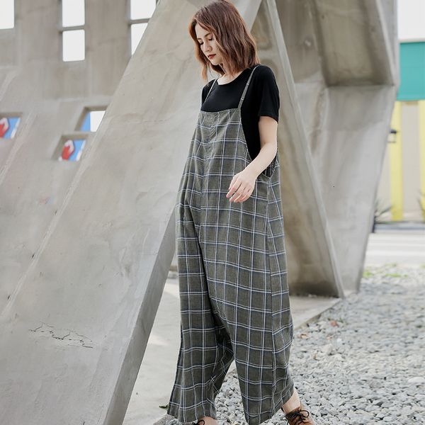 

spring summer women loose large size rompers fashion casual plaid pocket blended ladies jumpsuits overalls, Black;white