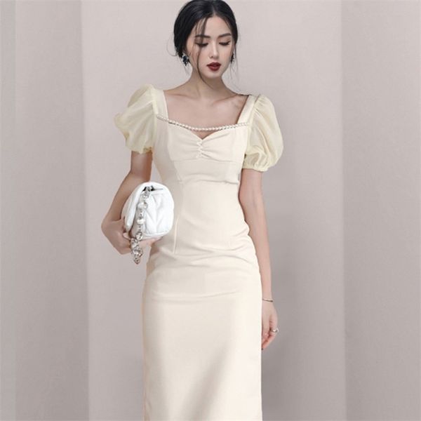 

temperament elegant party dress summer beading v-neck puff sleeve high waist office ol women's bodycon dresses vestidos 210519, Black;gray