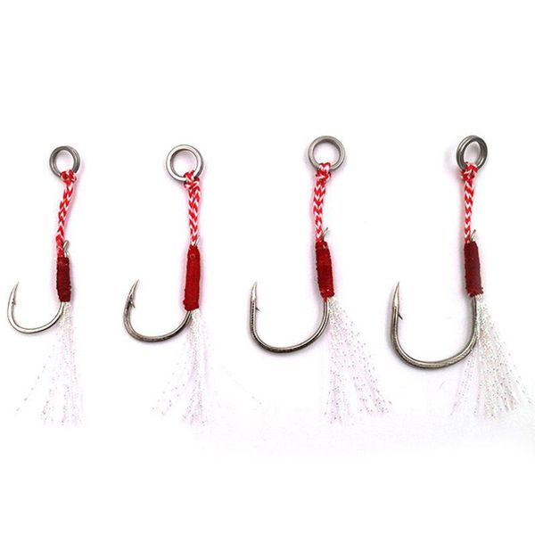 

5pcs/lot stainless steel jigging spoon fishing hook with feather and ring jig assist fishhook plate saltwater hooks