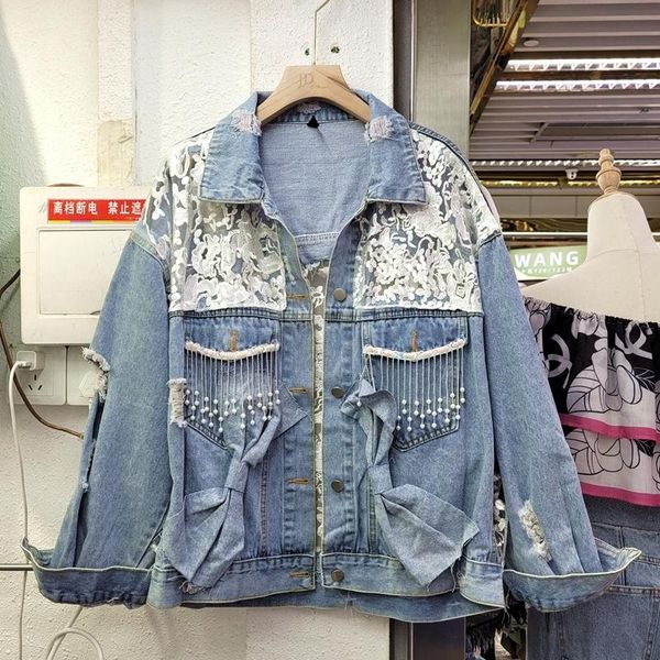 

women's jackets seebeautiful lace bow-knot tassel stitching loose denim jacket coat lapel long sleeve button women autumn 2021 fashion, Black;brown