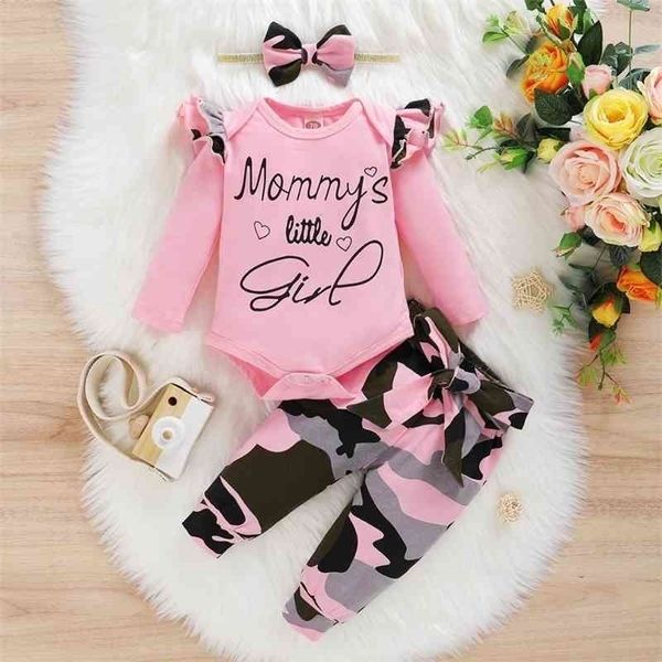 Trajes de primavera para recién nacidos Ropa de bebé 0-18M Pink Mommy's Little Girl 3PCS Romper amd Pants Headband Sets 210317