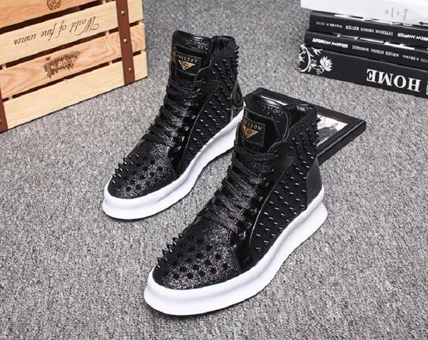

designer silver sneakers shoes punk hip hop men high flats loafers outdoor rivet casual tenis zapatillas da018, Black