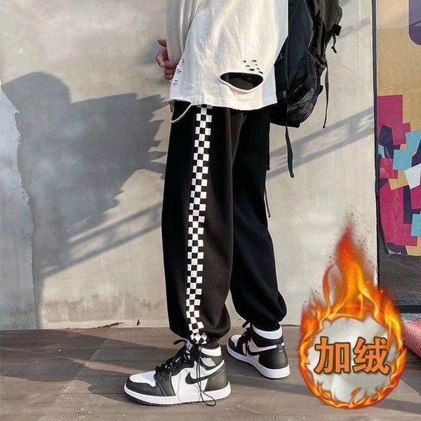 

men's pants hong kong fengchao sweatpants male loose winter tie feet plus velvet thicken casual trousers lattice splicing jogging, Black