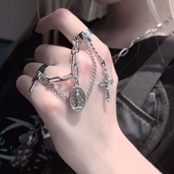 

designer rings hip hop cross set for women hand finger chain adjustable double ring fashion vintage jesus pendant punk jewelry, Golden;silver