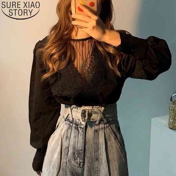 

casaul elegant hollow clothes fashion spring long sleeve shirts lace blouse loose shirt women 12619 210417, White