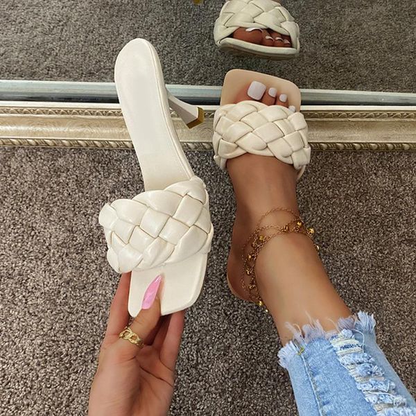 

sandals leather braided high heel women runway party shoes woman cross wove folds mules ladies thin slippers, Black