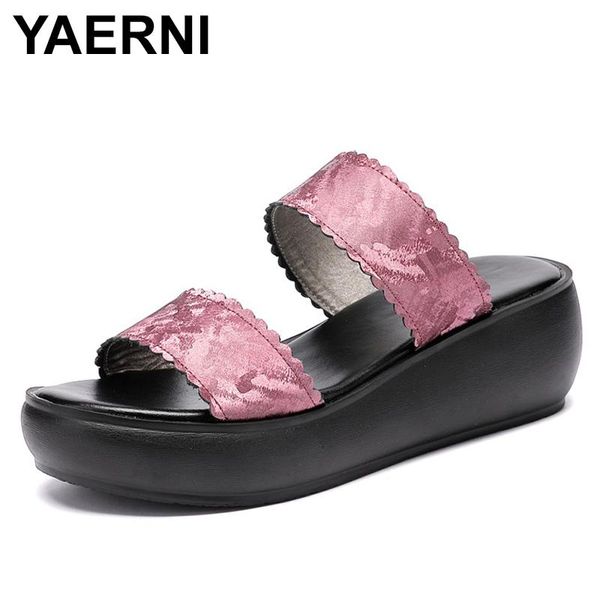 

slippers yaerni women slipper 2021 ladies summer shoes wedges heels fashion genuine leather platform, Black