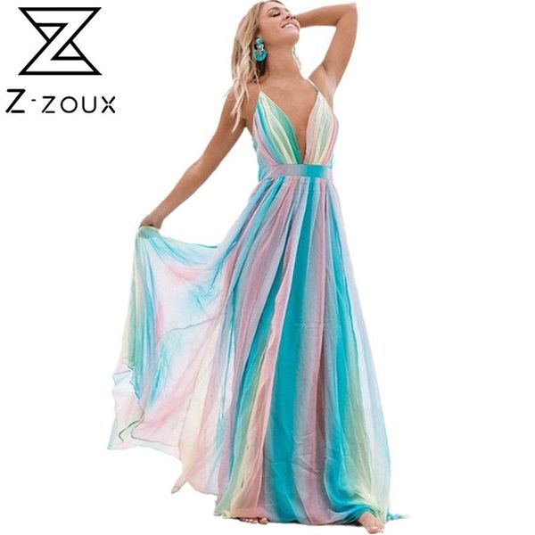 Frauen Kleid Regenbogen Patchwork Tiefem V-ausschnitt Böhmen Sexy Lange Backless Spaghetti Strap Maxi es Plus Größe 210513