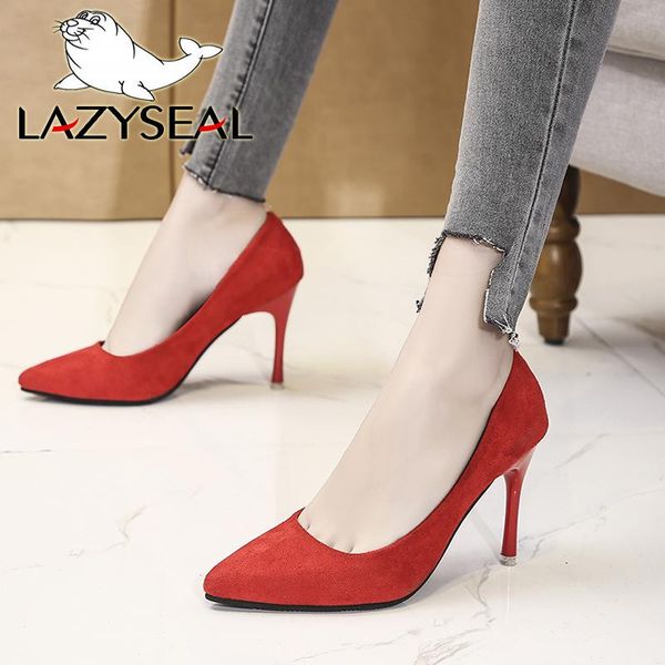 

dress shoes lazyseal pumps 2021 spring pointed toe high-heeled suede europe america style large size 44 9.5cm thin wild women's, Black
