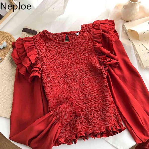 NEPLOE PEACE PLEATED Ruffles Blusa Mulheres O-Neck Slow Sleeve Short Camisas Tops Cor Sólida Cor Slim Tops Blusas Mujer de Moda 210422