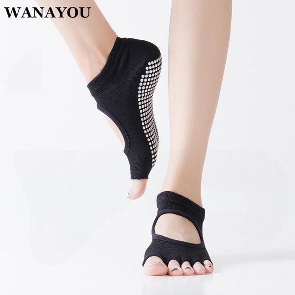 

women backless five toe yoga socks,breathable gym sports fitness socks,cotton anti-slip half massage exercise socks, Black