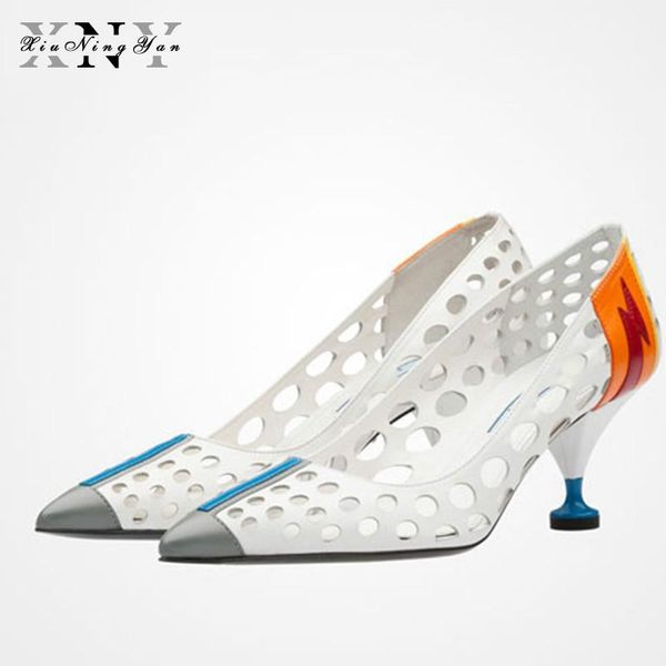 

xiuningyan 2021 fashion women's shoes strange high heels pointed toe women pumps slip on cow leather design hollow wedding dress, Black