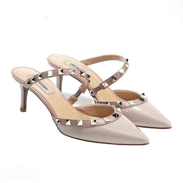 

women's formal shoes v home rivet high thin heels 2021 5cm short heels shallow mouth pointed bandage liuding baotou sandal's summe, Black