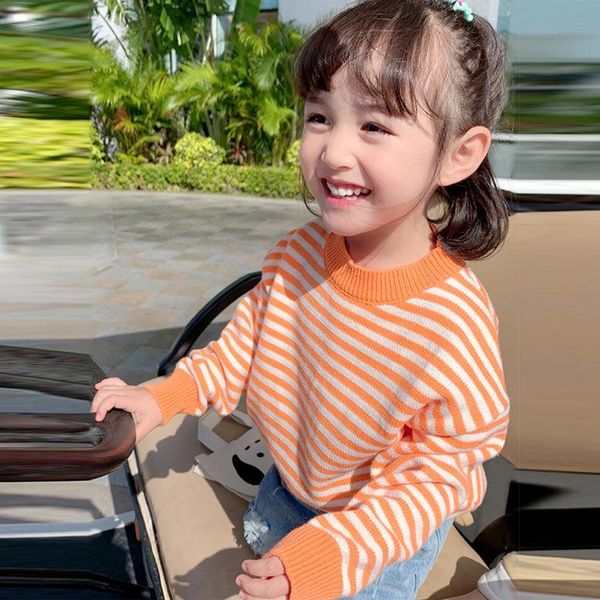

baby girls sweater 2021 spring and autumn korean style children's pullover striped knit bottoming shirt, Blue