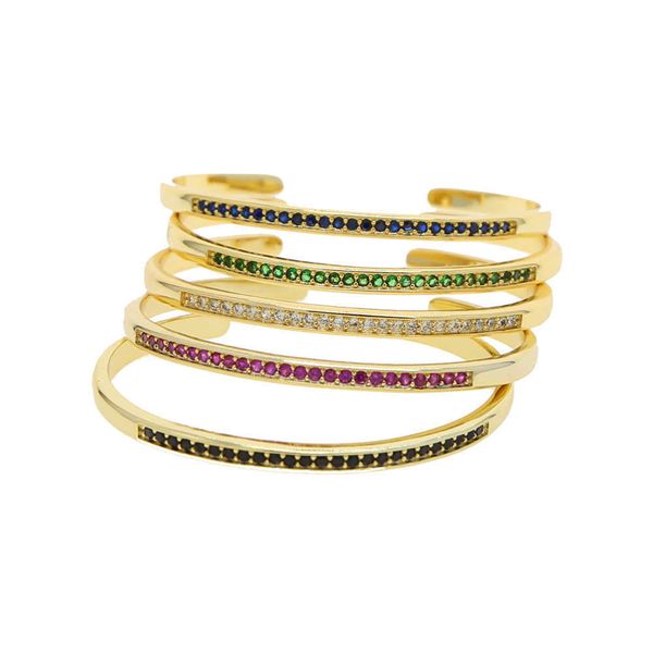 

5 colors colorful cubic zirconia cz open cuff bangle adjustable gold color fashion women jewelry q0717, Black