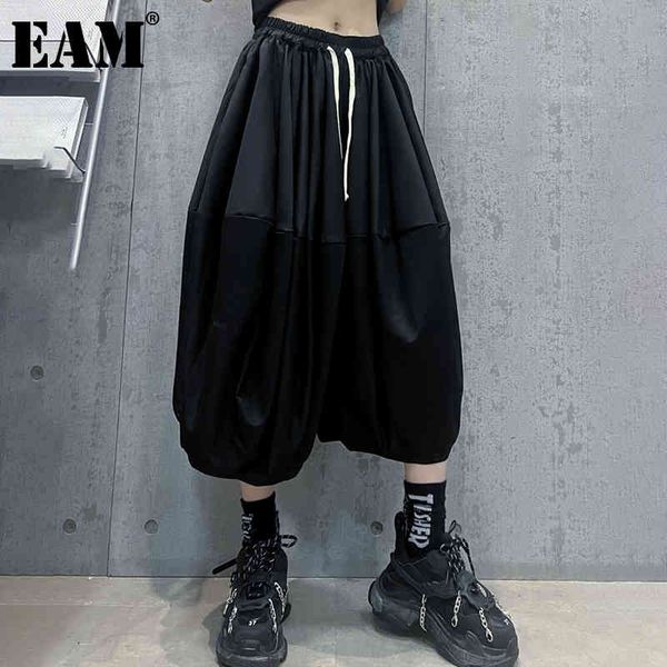 

[eam] high elastic waist gray pleated wide leg trousers loose fit pants women fashion spring autumn 1dd7937 21512, Black;white