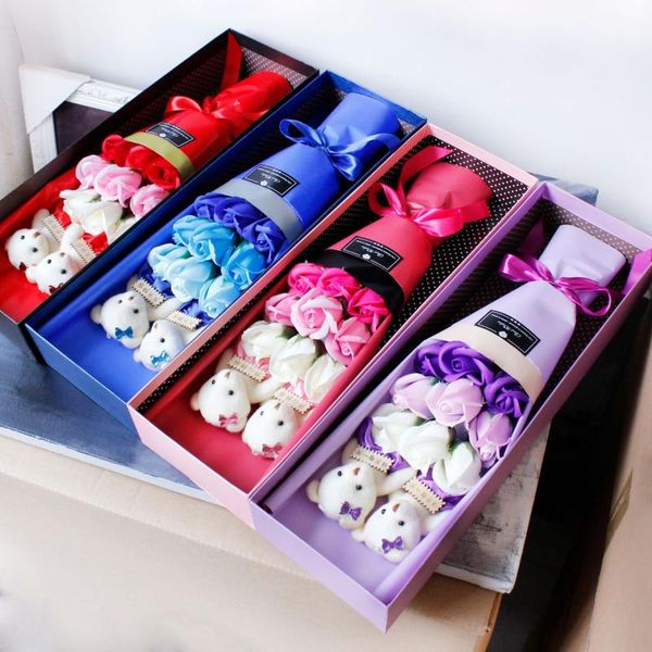 

decorative flowers & wreaths artificial flower rose bouquet gifts box soap romantic valentine's day mother's fake bear gift decor