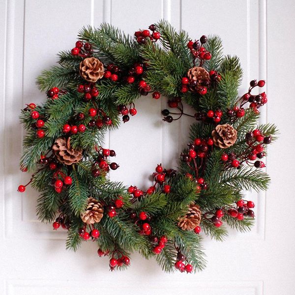 

decorated artificial christmas wreath green branches with pine cones red berries indoor/outdoor xmas decoration 45cm decorative flowers & wr