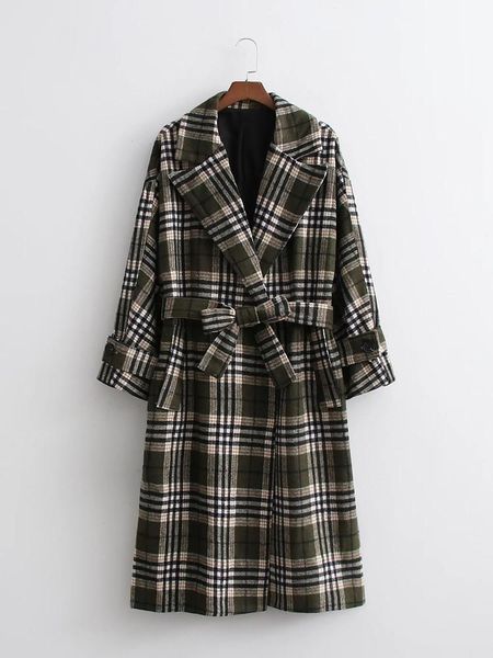 

women's wool & blends vintage with belt plaid coat women long sleeve turn down collar autumn winter 2021 office casual jacket female, Black
