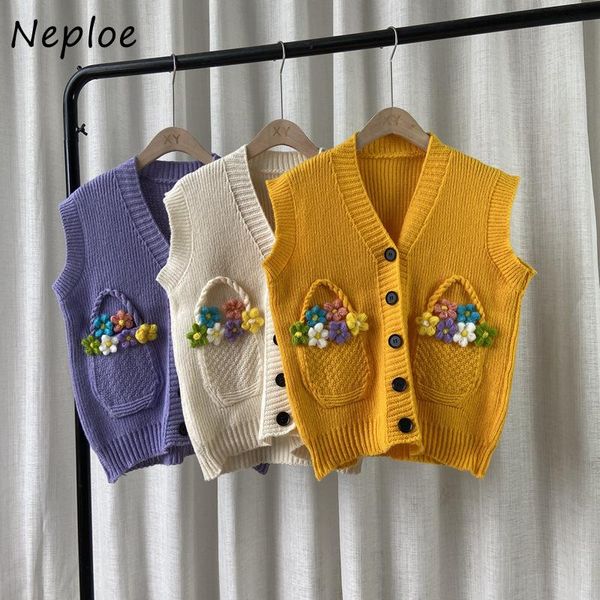 

women's vests neploe 2021 autumn preppy style knitted women small flower decoration femme sweater vest sleeveless knit mujer, Black;white