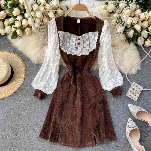 

autumn winter temperament dress female wood ears bubble sleeve square collar contrast stitching retro corduroy short uk911 210507, Black;gray