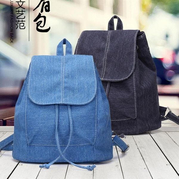 

backpack 2021 denim canvas women drawstring school bags for teenagers girls small female rucksack black