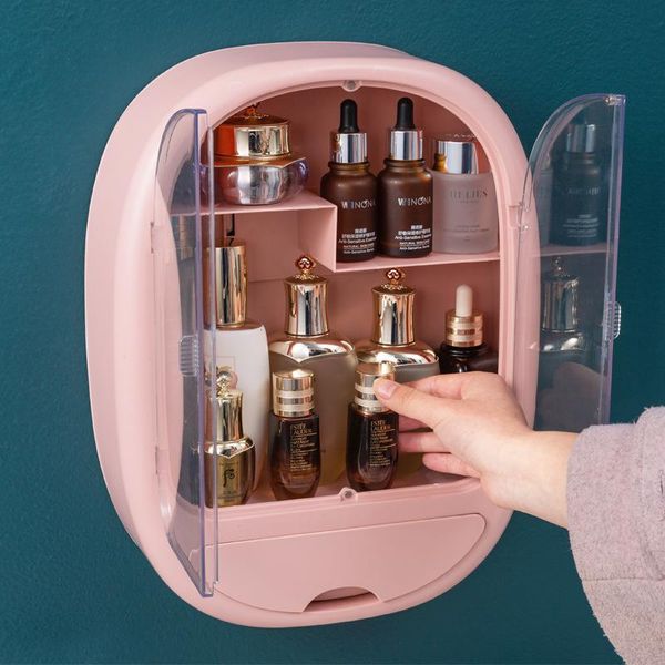 

storage boxes & bins wall-mounted cosmetic organizers creative punching with drawers, dust-proof bathroom rack, skin care product rack