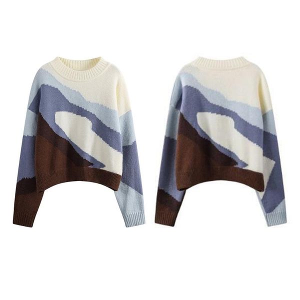 

women long sleeve o-neck sweater contrast color patchwork knitwear jumper e56c women's sweaters, White;black