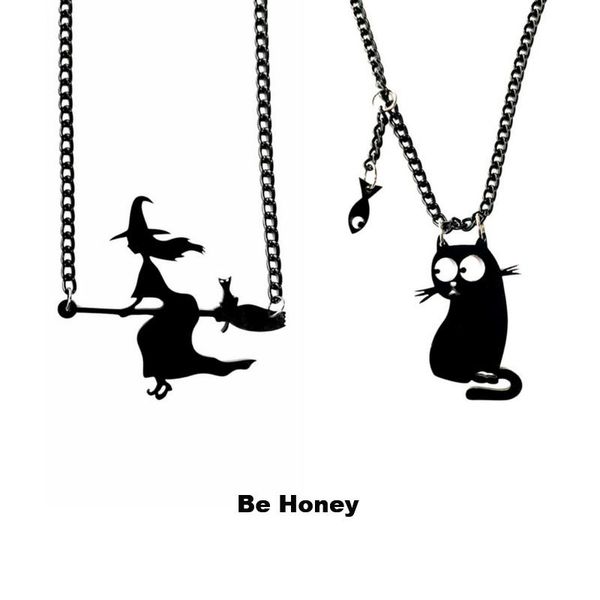 

pendant necklaces arrivals pure black witch broom cat and cute with a fish acrylic necklace for women punk fashion jewelry gift, Silver