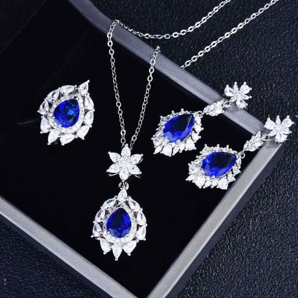

earrings & necklace luxury classic sapphires earring inlay exaggeration blue zircon jewelry set for women party eternity wedding ring, Silver