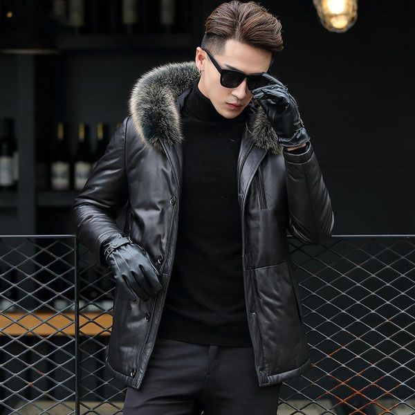 

men's leather & faux genuine jacket men winter jackets fur collar real sheepskin warm down coat jaqueta couro f17s7121 yy376, Black