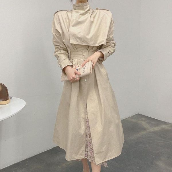 

women's trench coats [ewq] korea chic green khaki coat women autumn 2021 laple loose lace up waist double breasted long sleeve windbrea, Tan;black