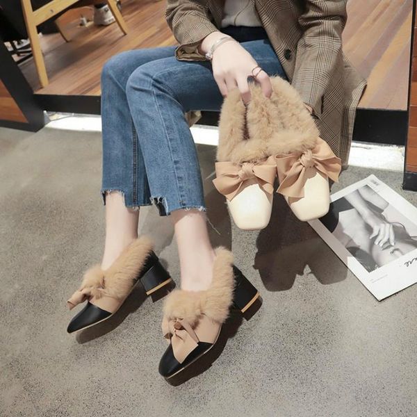 

2021 womens shoes butterfly-knot square toe party slip-on heel plush 1, Black