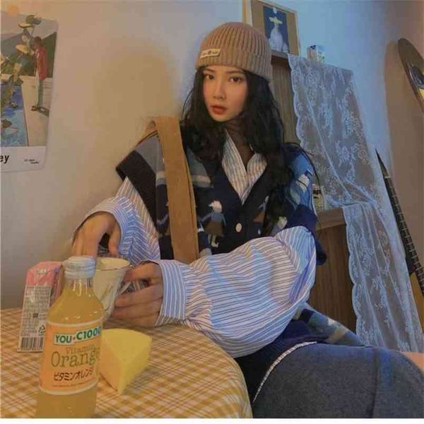 

knitted vest cardigan spring and autumn college style all-match jacket student loose sweater women 210427, White;black