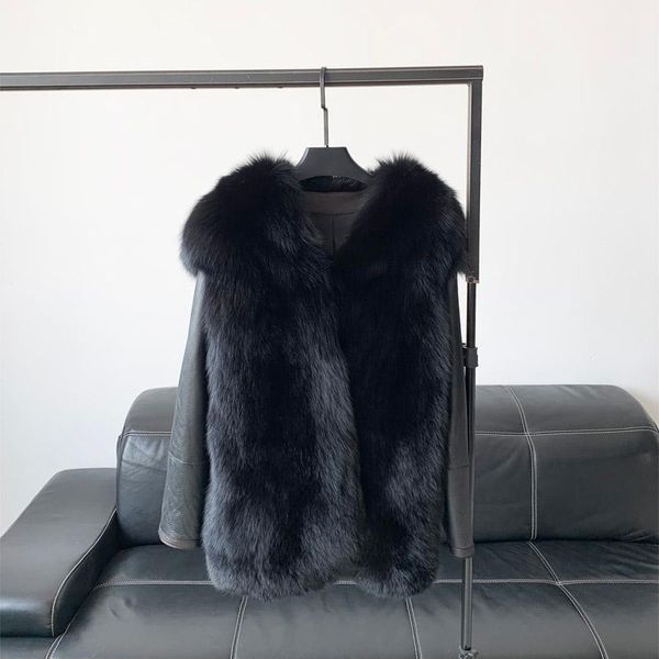 

women's fur & faux 2021 winter silver whole skin leather korean motorcycle one body coat female fashion, Black