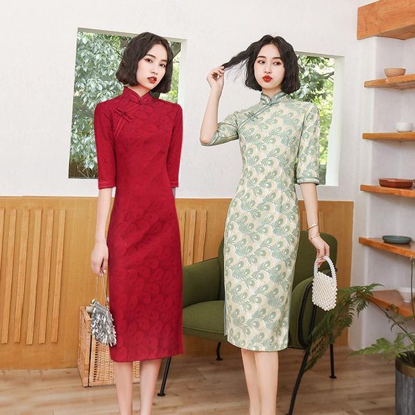 

chinese traditional chiffon cheongsam female party elegant ladies vintage women half sleeve lace qipao ethnic clothing, Red