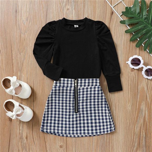 

clothing sets girl\u2021s outfits two piece suit fashion solid color long sleeve t-shirt and plaid short skirt, White