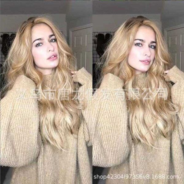 

wig female head medium long curly hair light gold chemical fiber wig, Black