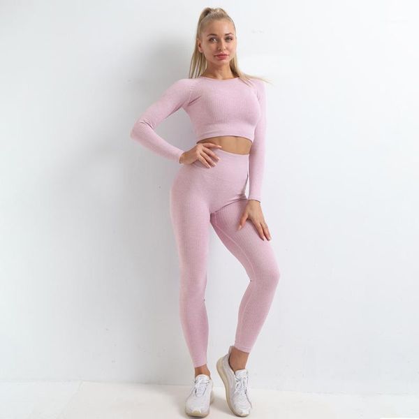 

yoga outfit ribbed seamless set sport suit workout clothes for women long sleeve gym crop high waist leggings fitness