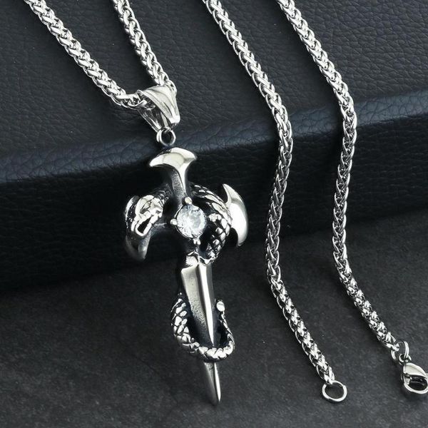 

pendant necklaces ancient snake&cross sword men's stainless steel vintage statement necklace gift clear cz collare de moda nc190, Silver