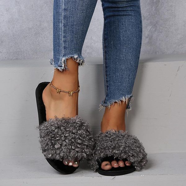 

slippers autumn warm faux fur fuzzy home cotton shoes women winter loafers sweet indoor footwear korean style plush flip flops, Black