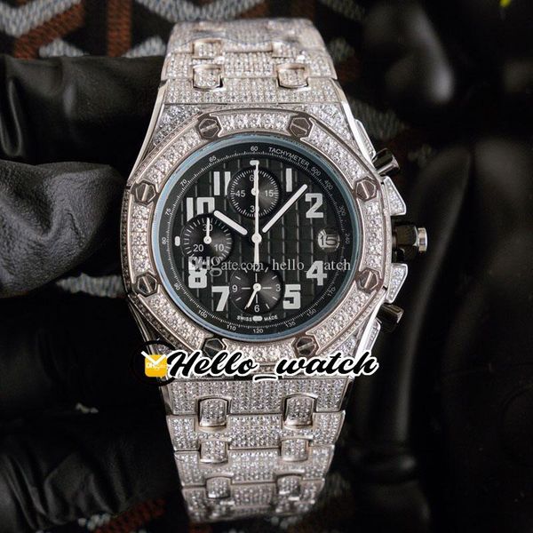 

twf 41mm miyota quartz chronogrpah mens watch satch black texture dial steel diamonds case bracelet 26470 watches hellowatch, Slivery;brown