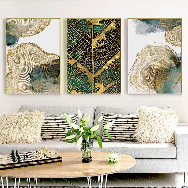 

modern gold foil leaf annual ring abstract posters decoration painting artistic conception for living room nordic wall decor