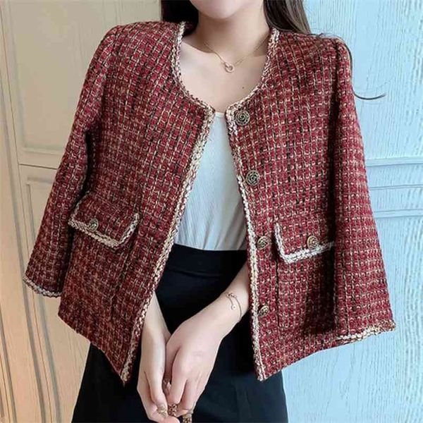 

autumn winter vintage chic tweed jacket coat women long sleeve pockets short outerwear casual woolen casaco femme 210514, Black;brown