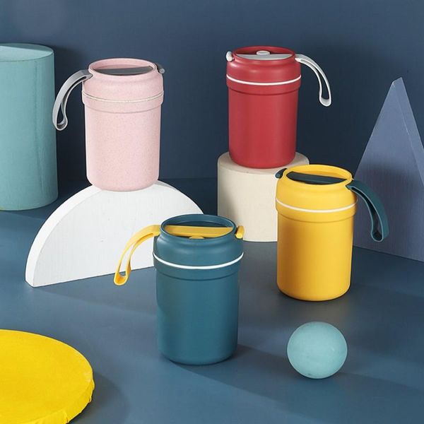 

wheat stalk double-layer breakfast cup portable plastic with lid spoon water soup pot novelty gifts for kids friends mugs