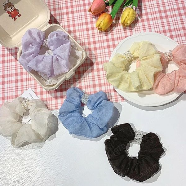 

chiffon hair scrunchies for women cute pearl ponytail holder hair rope rubber hair accessories summer hairbands ring mesh, Slivery;white