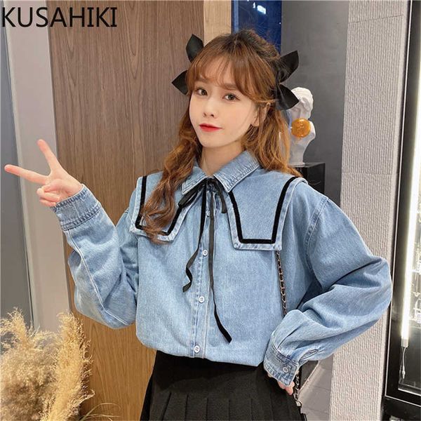 

korean jeans women blouse shirt causal bow tie turn-down collar blusas femme spring long sleeve demin 6f479 210603, White