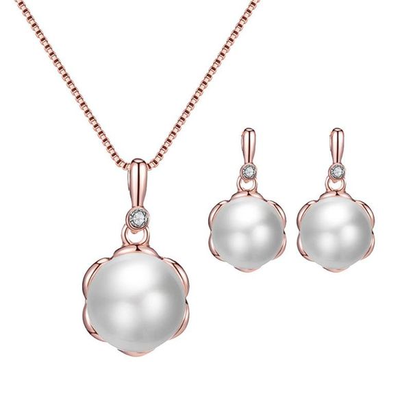

earrings & necklace ladies round faux pearl rhinestone inlaid pendant jewelry set gift, Silver