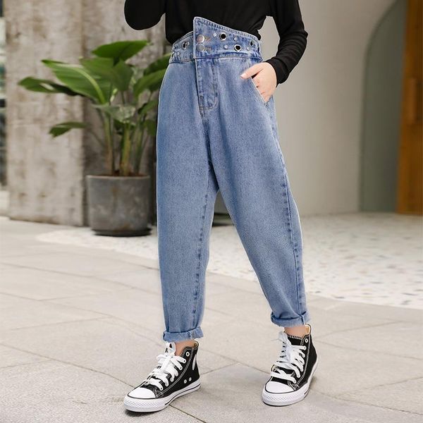 

jeans trend kids clothes girls rivets high waist unique pants denim radish trousers loose casual child button, Blue