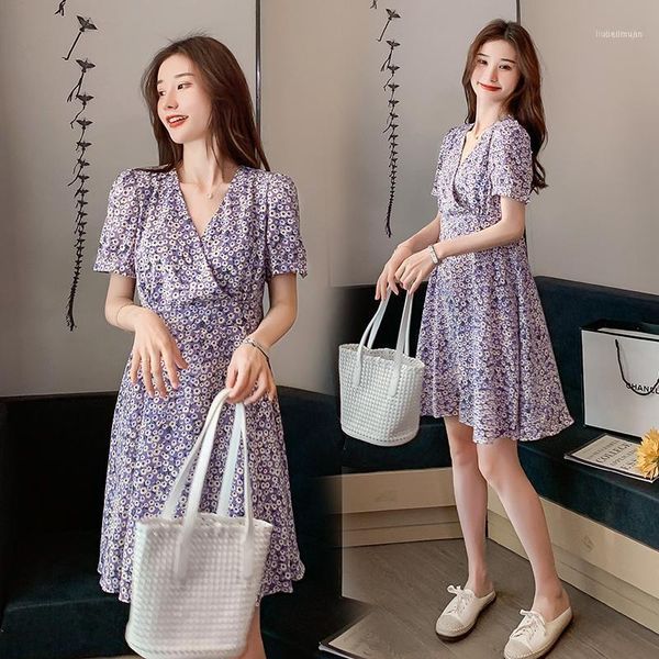 

summer chic ins floral printed chiffon maternity dress v neck ties waist slim clothes for pregnant women lovely pregnancy1, White